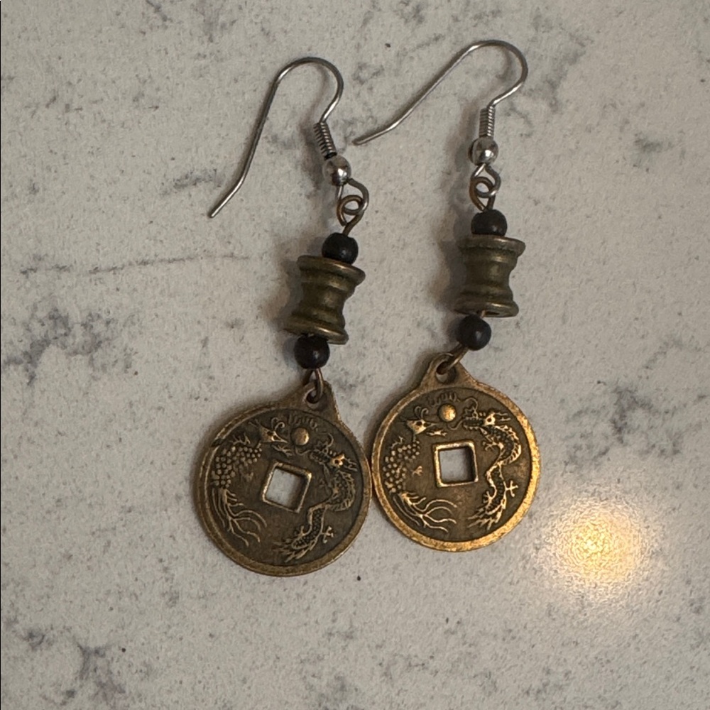 Elegant antique Gold Coin Drop Earrings with black beads and brass spacers